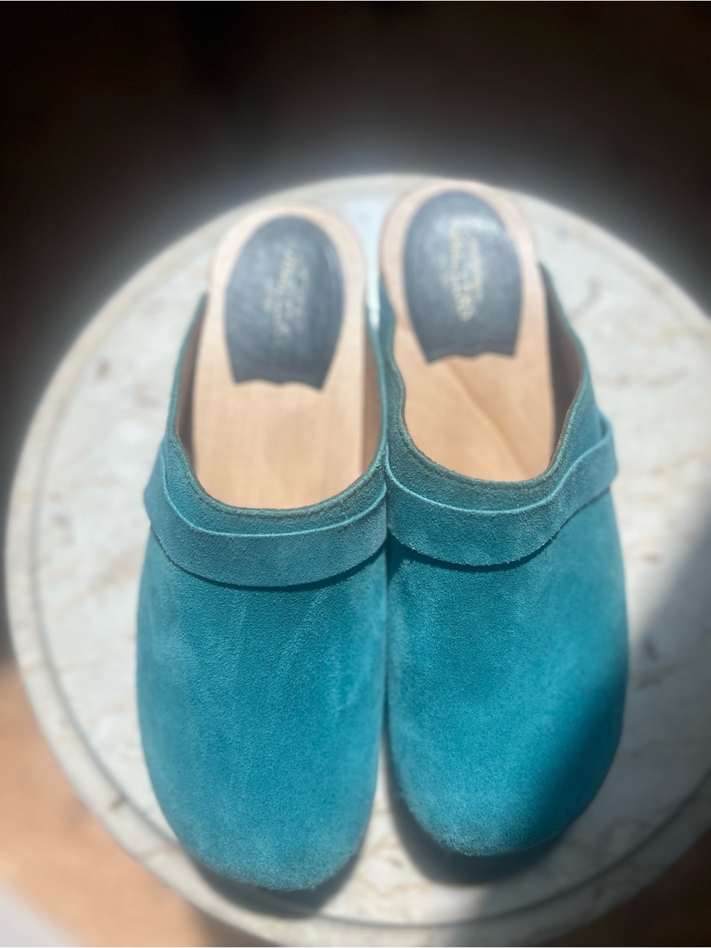 Swedish Hasbeens Teal Suede Clogs - Picture 6 of 14